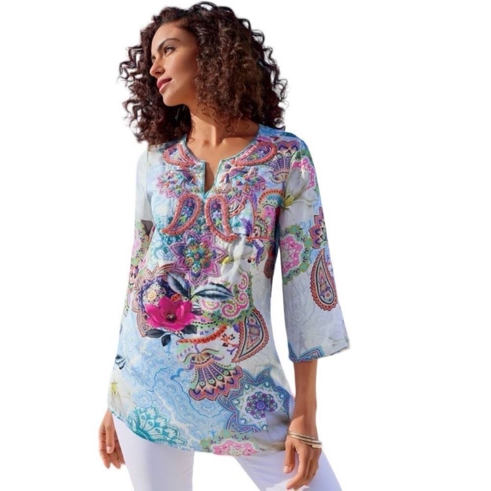 ✨ Soft Surroundings Florent Tunic in Aquatic Blue with Beaded Accents |Size M|